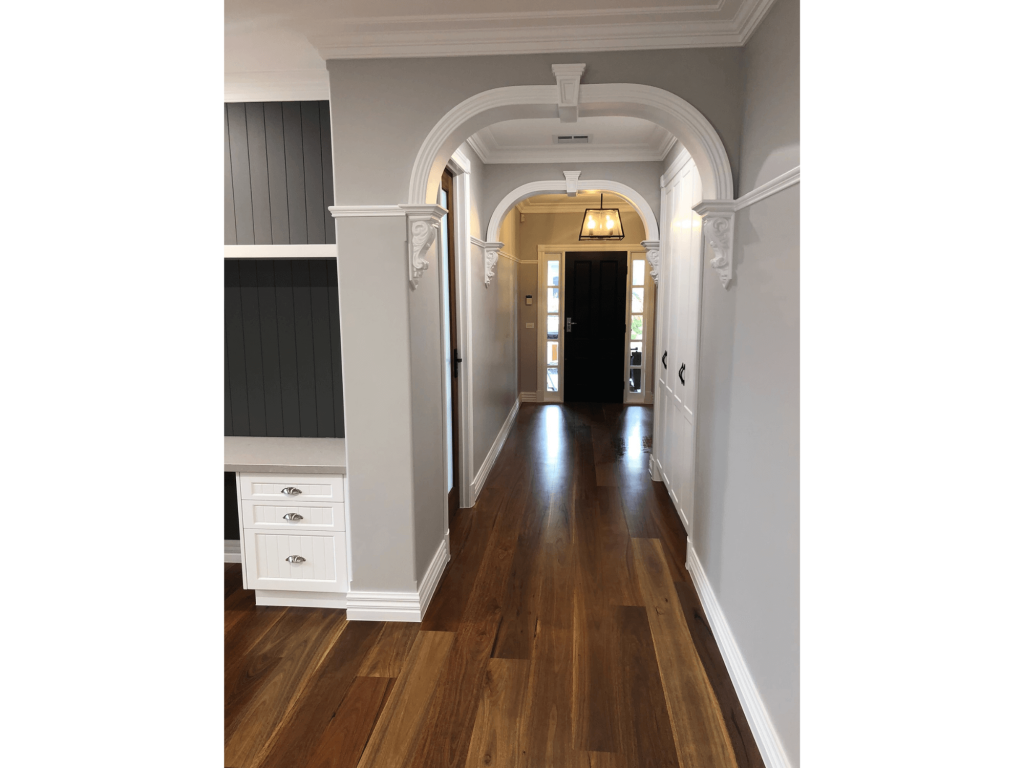 Officer home Wooden floors with wide cut open borders to ceiling