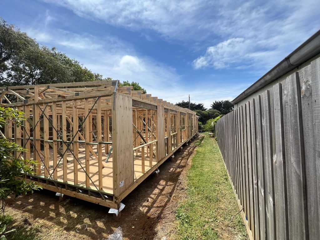 Phillip Island home build with wooden frames and structure in place